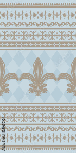 Fleur-de-lis Lily Flowers Pattern with Pale Gold on Argyle Blueish Grey Background. Ancient Qing Dynasty Color Combine Elaborate Victorian Style Seamless Vector. Rich Ornament Border for Luxury Design