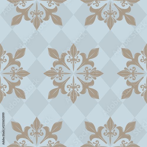 Elegance Gentle Men's Wear Pattern Blueish Grey Shade on Argyle Background Pale Gold Scroll Ornament Nature Decoration Border Seamless Vector High Class Rich Elaborate Design Exquisitely Necktie Manly