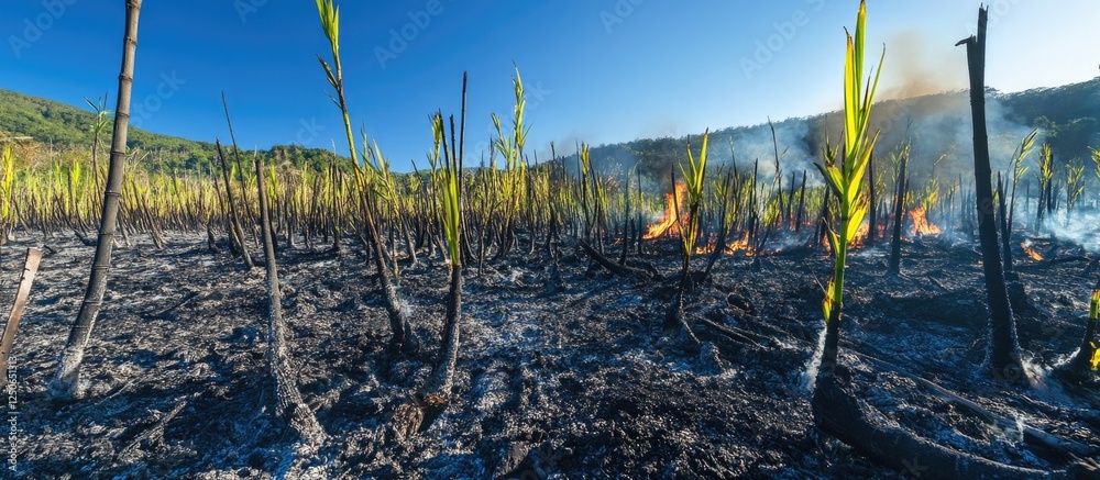 Destruction of Bamboo Forest by Wildfire Highlighting Environmental Impact and Ecological Damage from Conflagration