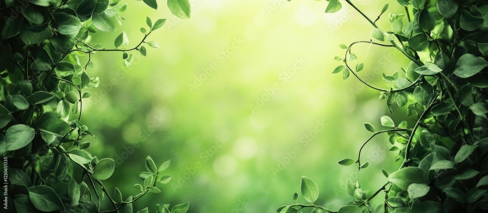 Lush green background with thorny vines framing a serene natural scene ideal for nature and botanical themes. Lush green background with thorny vines framing a serene natural scene ideal for nature and botanical themes.