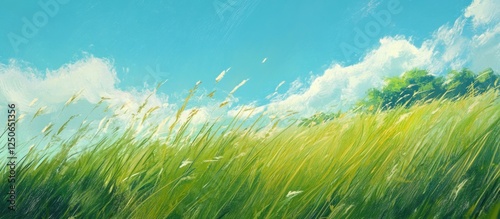 Lush green grass against a blue sky with fluffy clouds creating a serene and vibrant natural landscape ideal for outdoor themes.