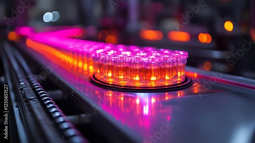 High-speed automated system with conveyor loaded with vividly illuminated round items