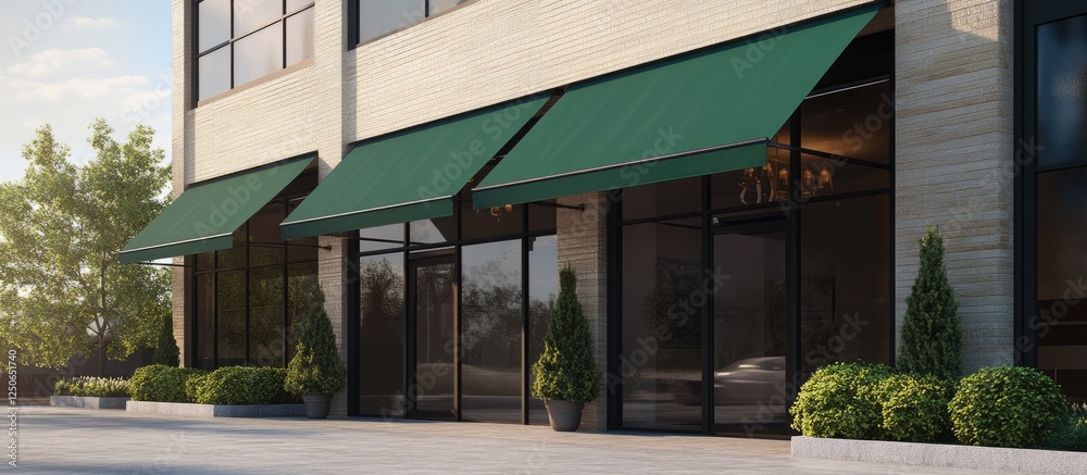 Obraz premium Commercial Building Entrance with Green Awnings and Display Space for Advertising