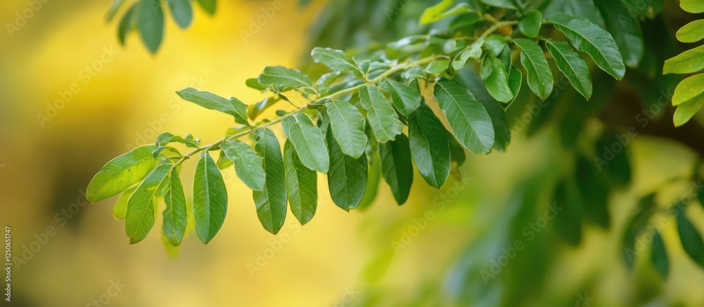 Detailed close-up of green autumn leaves showcasing selective focus against a blurred yellow background. Nature's vibrant hues in focus. Detailed close-up of green autumn leaves showcasing selective focus against a blurred yellow background. Nature's vibrant hues in focus.