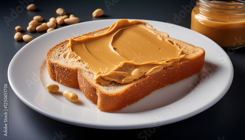 A slice of white bread generously spread with creamy peanut butter sits on a white plate, with scattered peanuts and an open jar of peanut butter in the background.