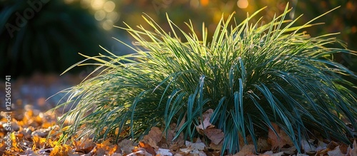 Lush green grass bush surrounded by dried autumn leaves showcasing the beauty of seasonal transition in a natural setting. photo