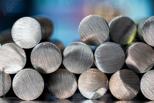 Stack of metal rods in an industrial setting and lighting, metallurgical industry products