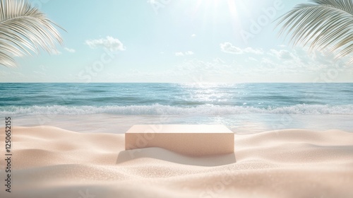 Sandy beach podium for tropical theme with ocean reflection, warm golden sand, gentle sea waves, dreamy sunlight reflection, summer-inspired showcase