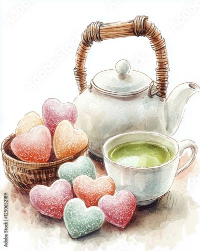 The Valentine Day Concept, A close-up view of heart-shaped sugar candies, soft pastel colors, beside a traditional Japanese tea set with white teapot, bamboo handle, and teacups, creating a charming v photo