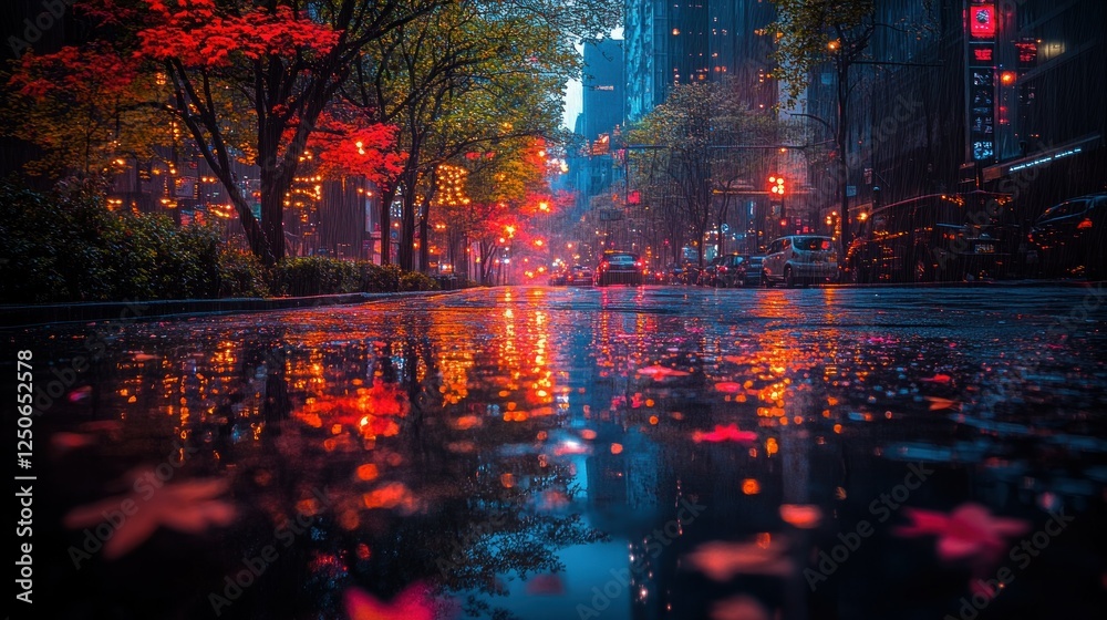 Fototapeta premium Rainy autumn night city street reflections