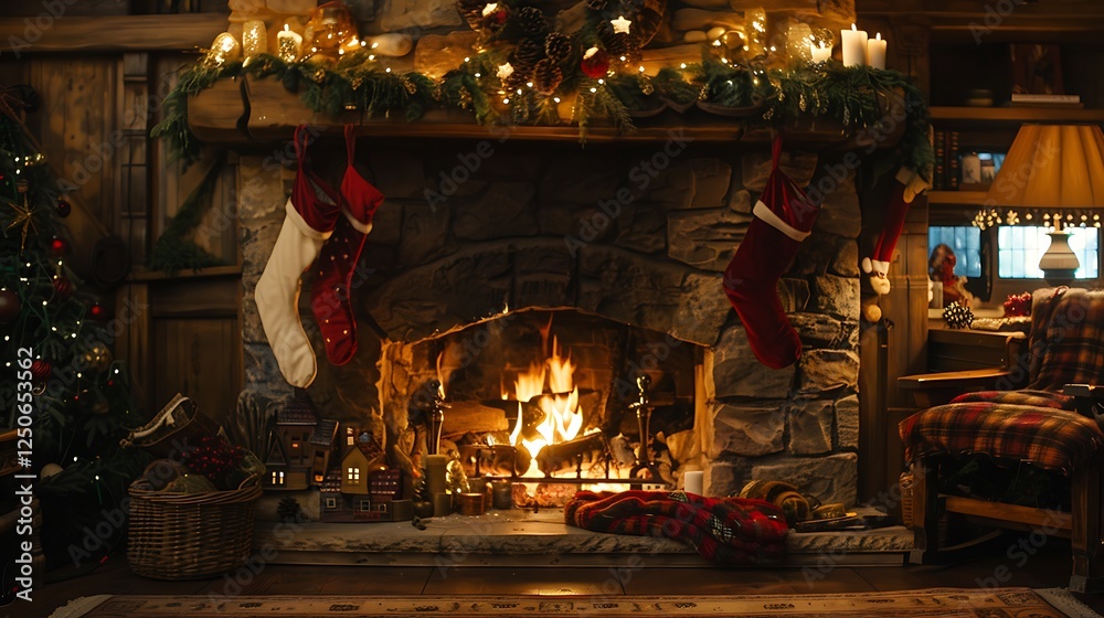 Cozy Christmas Fireplace with Stockings and Holiday Decorations