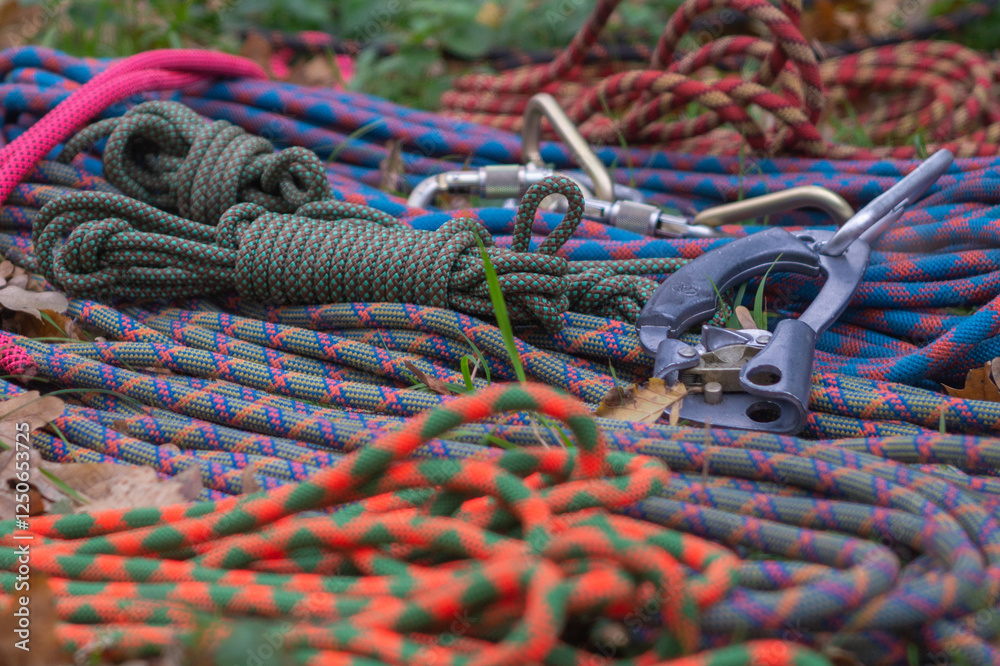 Rope in coils, carabiners, jumars and other equipment for sports tourism on the ground in the park, view from above Rope in coils, carabiners, jumars and other equipment for sports tourism on the ground in the park, view from above