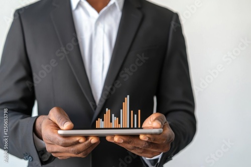 value and price cost benefit. Businessman holding a tablet displaying a detailed cost-benefit analysis with value and price projections, modern theme photo