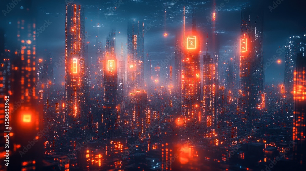Fototapeta premium A futuristic cityscape lit by glowing orange lights against a dark, misty background, suggesting a high-tech, cyberpunk environment.