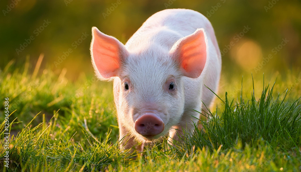 A charming piglet with pink ears and a snout stands amidst lush green grass, bathed in the warm glow of sunlight. A charming piglet with pink ears and a snout stands amidst lush green grass, bathed in the warm glow of sunlight.