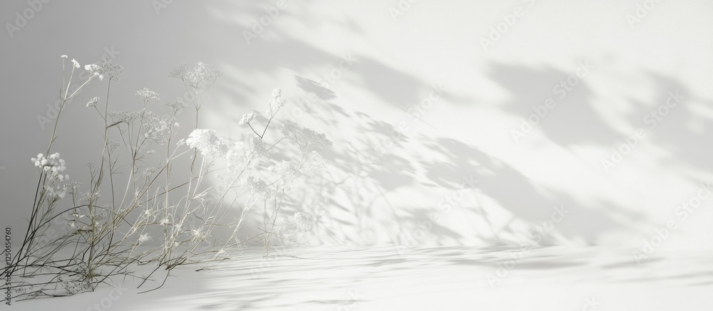 Shadows of delicate flowers and grass on a white wall creating an abstract neutral nature background with space for text or design elements Shadows of delicate flowers and grass on a white wall creating an abstract neutral nature background with space for text or design elements