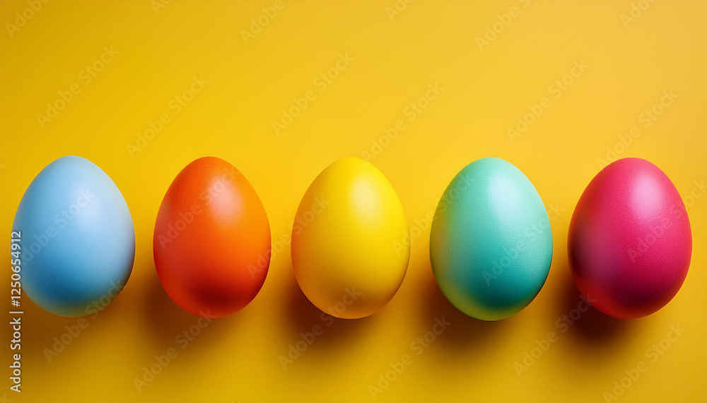 Obraz premium Five vibrantly colored Easter eggs, ranging from light blue to deep pink, stand in a neat row against a bright yellow background.