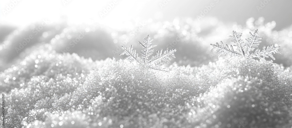 Closeup of a pristine snow heap with delicate snowflakes sparkling in the soft light suitable for winter-themed designs and backgrounds. Closeup of a pristine snow heap with delicate snowflakes sparkling in the soft light suitable for winter-themed designs and backgrounds.