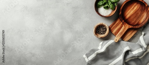 Panel kuchenny z motywem Gray kitchen towel on light concrete surface with wooden bowls and herbs top view cooking concept creative layout with copy space