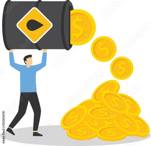 Sale of petroleum products and fuels. Hand holding oil barrel with leaking dollar coins. Lose money from fuel costs. Modern flat vector illustration.

