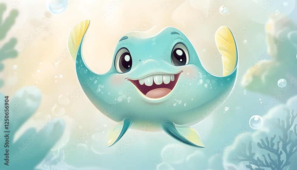 Fototapeta premium Happy Cartoon Stingray Swims Underwater