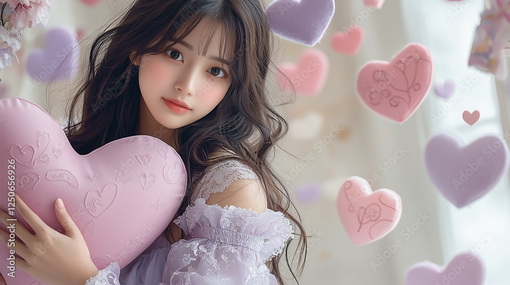 The Valentine Day Concept: Close-Up of a Young Asian Woman Embracing a Heart-Shaped Cushion in Soft Pastel Pink, Wearing a Pastel Lilac Spring Dress, with Floating Hearts in the Background The Valentine Day Concept: Close-Up of a Young Asian Woman Embracing a Heart-Shaped Cushion in Soft Pastel Pink, Wearing a Pastel Lilac Spring Dress, with Floating Hearts in the Background