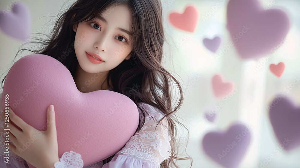 The Valentine Day Concept: Close-Up of a Young Asian Woman Embracing a Heart-Shaped Cushion in Soft Pastel Pink, Wearing a Pastel Lilac Spring Dress, with Floating Hearts in the Background The Valentine Day Concept: Close-Up of a Young Asian Woman Embracing a Heart-Shaped Cushion in Soft Pastel Pink, Wearing a Pastel Lilac Spring Dress, with Floating Hearts in the Background