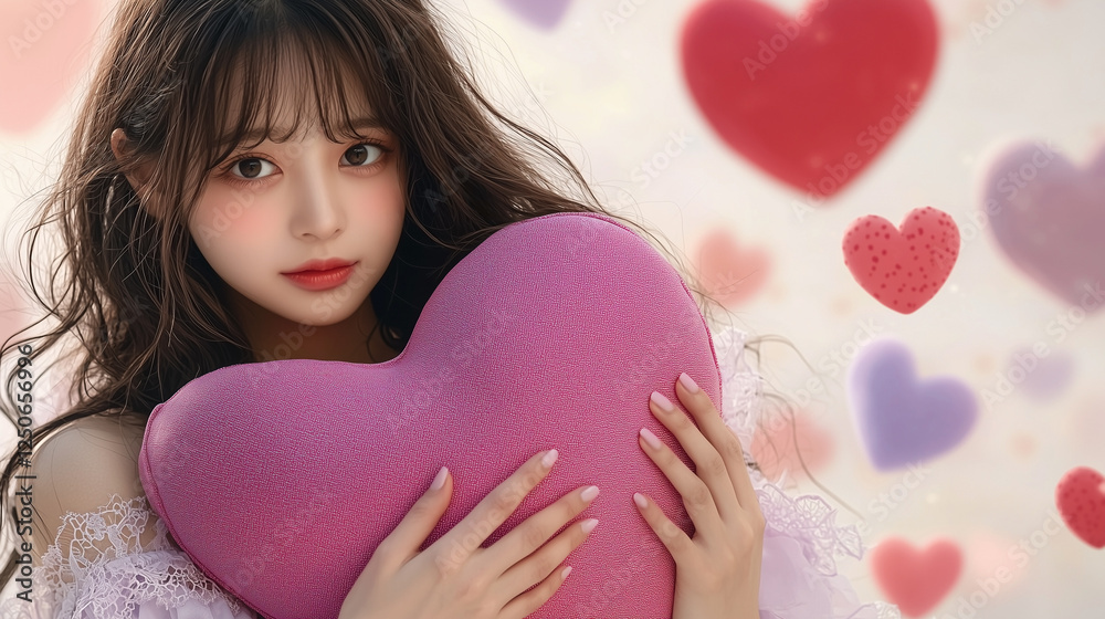 The Valentine Day Concept: Close-Up of a Young Asian Woman Embracing a Heart-Shaped Cushion in Soft Pastel Pink, Wearing a Pastel Lilac Spring Dress, with Floating Hearts in the Background The Valentine Day Concept: Close-Up of a Young Asian Woman Embracing a Heart-Shaped Cushion in Soft Pastel Pink, Wearing a Pastel Lilac Spring Dress, with Floating Hearts in the Background