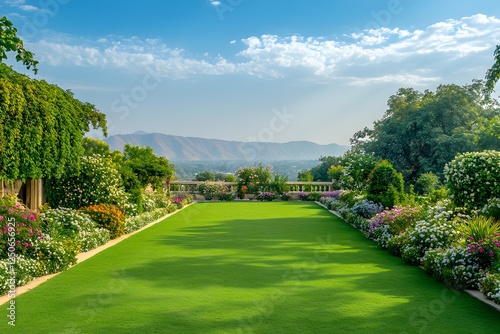 Lush Indian garden, mountain view, sunny day, floral borders, lawn