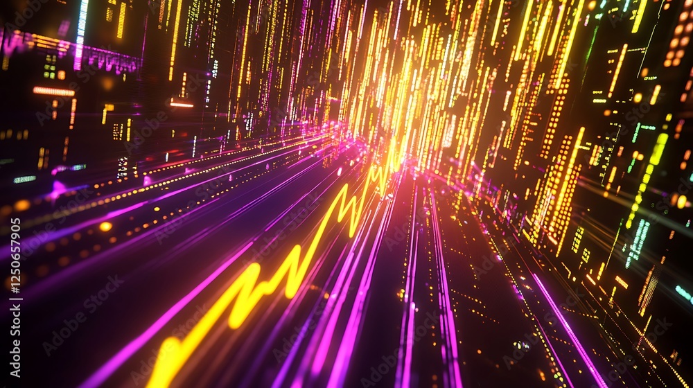 High-resolution stock market graph showing a steep rise with bright yellow and purple lines on a futuristic digital backdrop High-resolution stock market graph showing a steep rise with bright yellow and purple lines on a futuristic digital backdrop