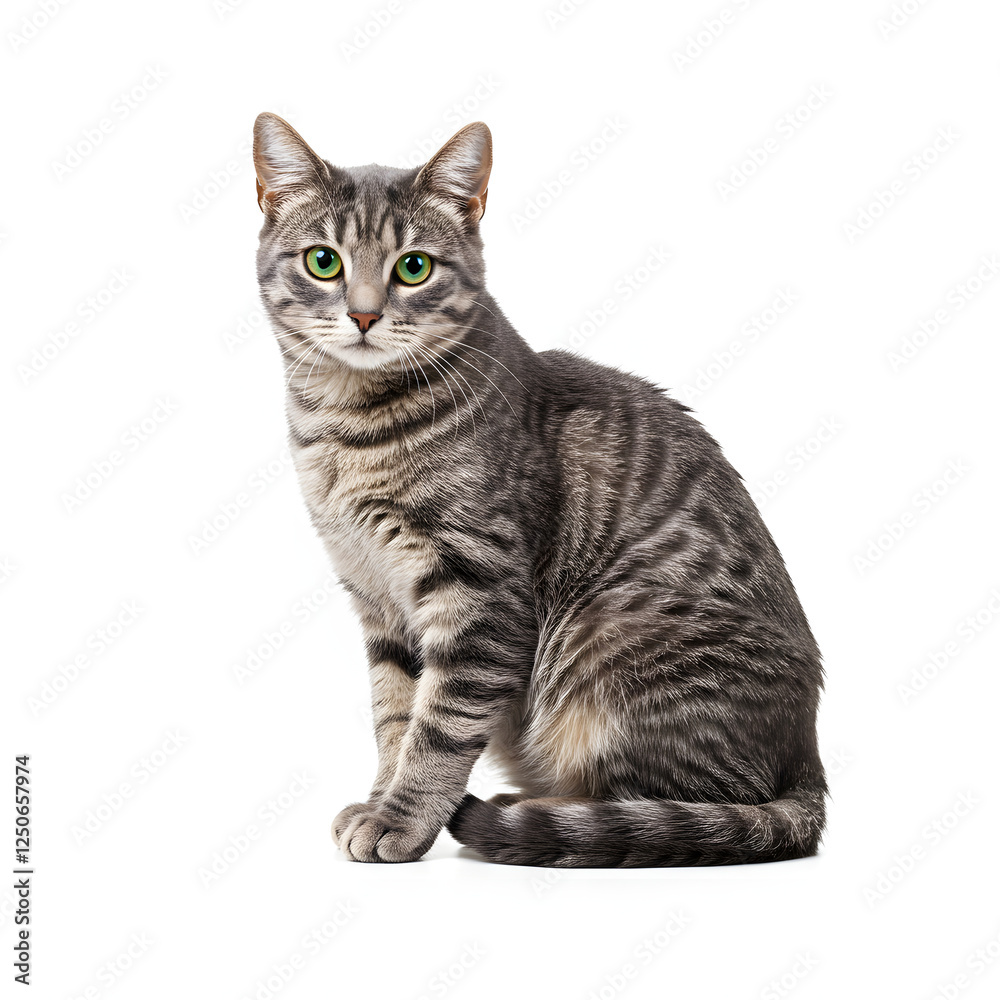Fototapeta premium Gray Tabby Cat Sitting Isolated on White Background