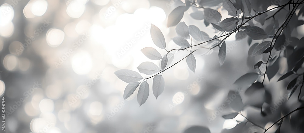 Fototapeta Elegant gray bokeh background with soft blurred foliage creating a serene and atmospheric natural setting for design use.