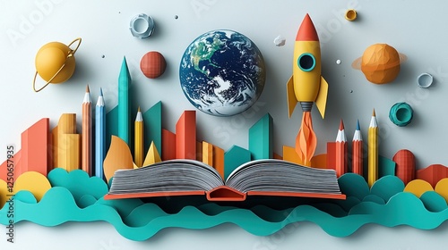 Open book leads to space exploration with city backdrop for education marketing