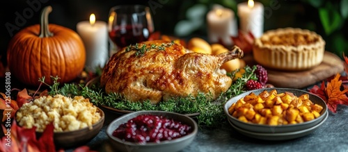 Thanksgiving feast table setting with turkey pie and festive decor ideal for holiday design and print projects photo