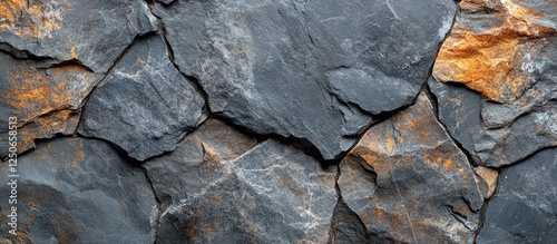 Textured grey slate schist wall background with vintage effect showcasing natural stone patterns and earthy tones for architectural designs.