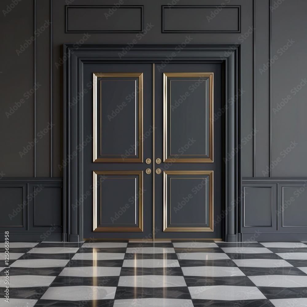 A black double door with gold accents in a modern minimalist interior design A black double door with gold accents in a modern minimalist interior design