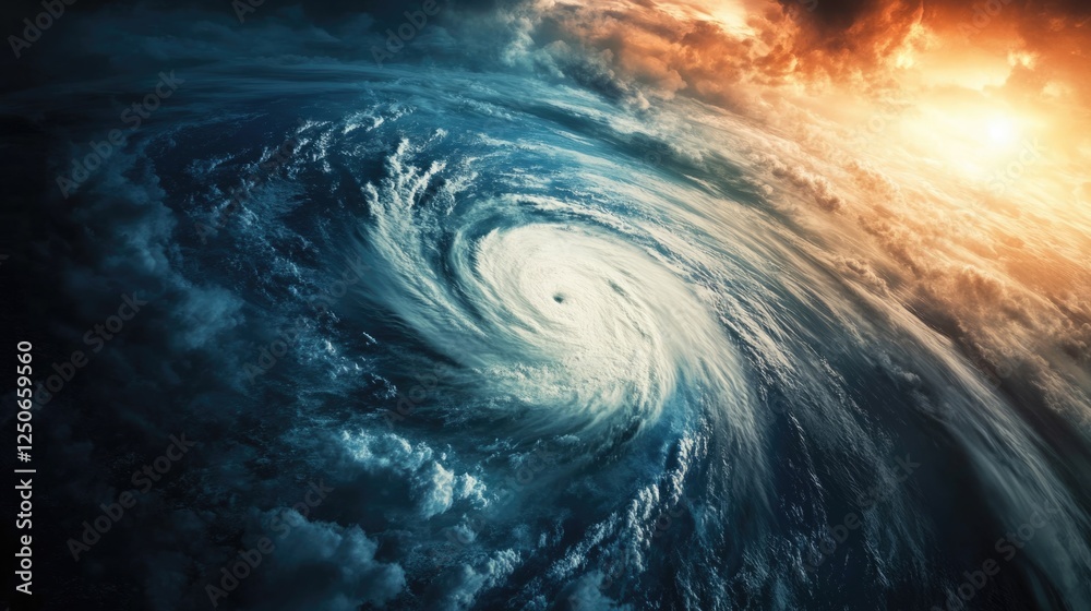 Hurricane Swirling Over Earth with Dramatic Clouds and Sunset Climate Change Impact and Natural Disasters Concept Hurricane Swirling Over Earth with Dramatic Clouds and Sunset Climate Change Impact and Natural Disasters Concept