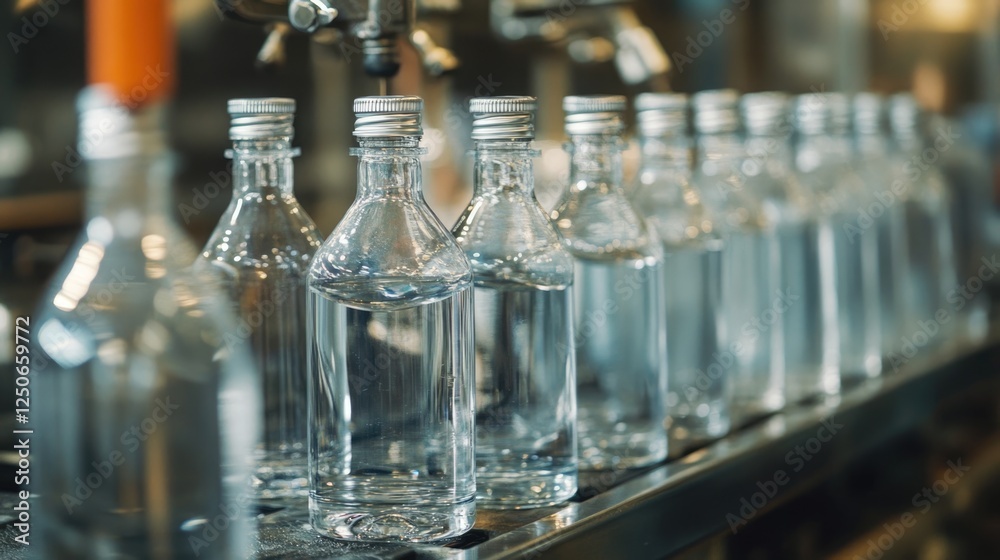 Industrial beverage production line featuring clear glass bottles in a modern manufacturing facility setup for efficient filling and packaging. Industrial beverage production line featuring clear glass bottles in a modern manufacturing facility setup for efficient filling and packaging.