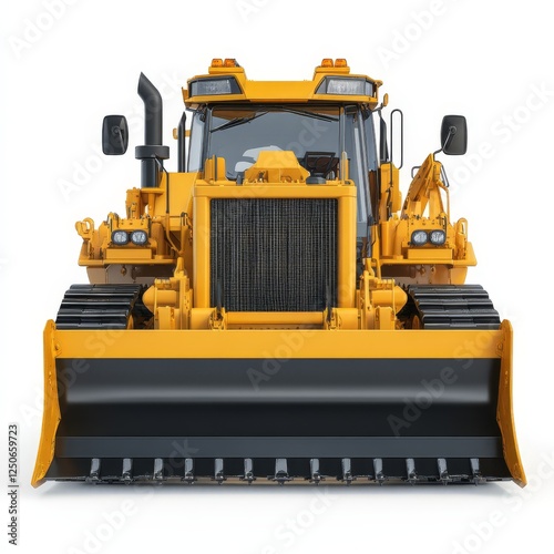 Yellow bulldozer front view, white background, construction equipment photo