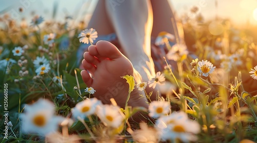 Foot of a young woman with a spring flower in fingers lying on sunny, warm meadow.