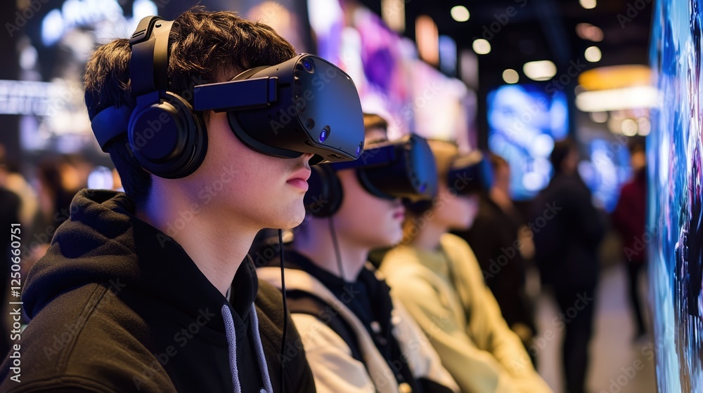 Immersive gaming experience with virtual reality headsets in a vibrant gaming environment Immersive gaming experience with virtual reality headsets in a vibrant gaming environment