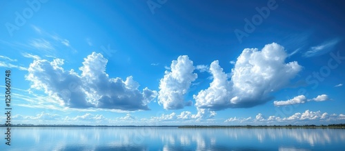 Hazy clouds in azure sky showcasing cumulostratus and cirrus formations create a captivating spring afternoon landscape over tranquil water. photo