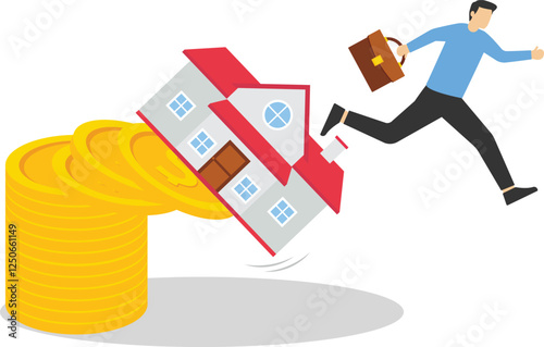 Man fled from a falling house. The house fell from a pile of coins. Flat vector illustration

