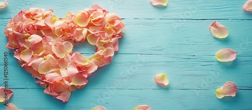 Heart Shape Made with Rose Petals on Aqua Wooden Surface Romantic Theme with Copy Space for Text