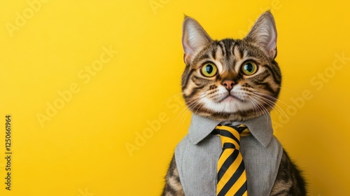 Stylish Bengal cat in customized shirt and tie against a vibrant yellow background showcasing a fun feline fashion concept photo