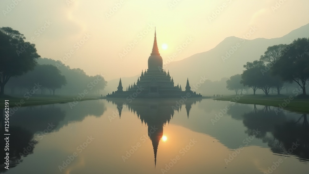 Obraz premium This minimalist photograph captures the Mahabodhi Temple beautifully reflecting in a still pond, embodying the calm and spiritual essence of Buddhism.