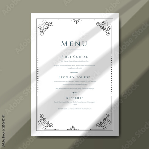 wedding menu template with a timeless design. Ideal for elegant receptions, anniversary dinners, and formal gatherings. Printable menu design with size 5"x7"