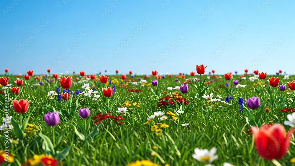 Fototapeta premium A vibrant field of flowers featuring red tulips, white daisies, purple blooms, and lush green grass under a clear blue sky.