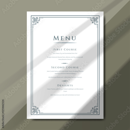 elegant wedding menu template with ornate borders and refined typography, perfect for formal events. Ideal for weddings, receptions, and luxury dinners. Printable menu design with 5