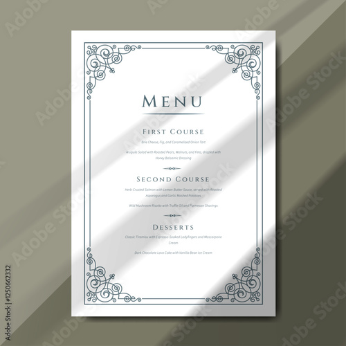 Wedding menu template showcases intricate design elements, enhancing any formal dining event. Ideal for elegant weddings, banquets, and gala dinners, it adds a luxurious and timeless touch.